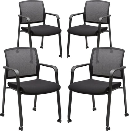 CLATINA Mesh Back Guest Reception Arm Chairs with Wheels, Waiting Room Chairs with Upholstered Fabric Seat and Ergonomic Lumbar Support for Office Conference School Church Black (4 Pack)