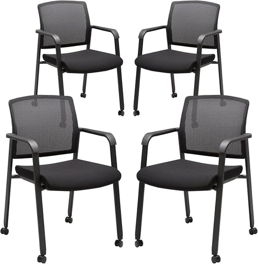CLATINA Mesh Back Guest Reception Arm Chairs with Wheels, Waiting Room Chairs with Upholstered Fabric Seat and Ergonomic Lumbar Support for Office Conference School Church Black (4 Pack)