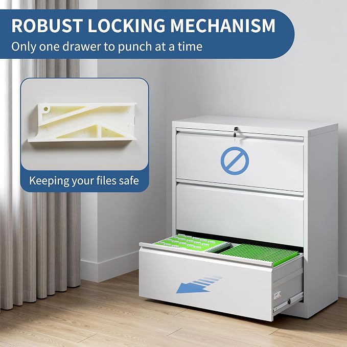 3 Drawer File Cabinet with Lock, White Metal Lateral Filing Cabinets for Home Office, Heavy Duty Steel Horizontal Locking Storage Cabinet for Legal/Letter/A4 Size File, Assembly Required