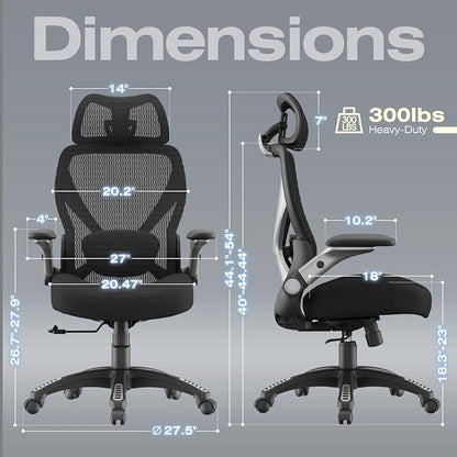 ELABEST X100 Ergonomic Mesh Office Chair, Big and Tall Hone Desk Chair with 5D Flip-Up Arms, Adjustable 3D Lumbar Support,Gaming & Executive Computer Chairs for Long Hours, Padded Seat