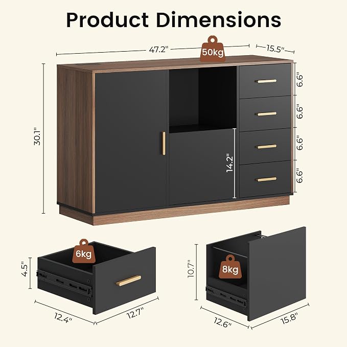 ModernMate File Cabinet with 5 Drawer & Charging Station, 47.2" Office Storage Cabinet with Door & Adjustable Shelves, Printer Stand with Open Shelf for Home Office, Fits A4/Letter Size, Black Walnut