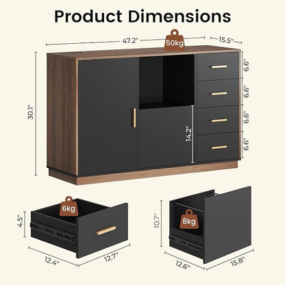 ModernMate File Cabinet with 5 Drawer & Charging Station, 47.2" Office Storage Cabinet with Door & Adjustable Shelves, Printer Stand with Open Shelf for Home Office, Fits A4/Letter Size, Black Walnut