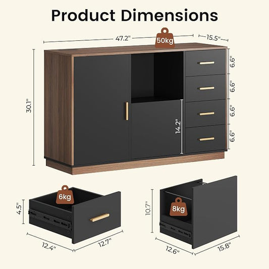 ModernMate File Cabinet with 5 Drawer & Charging Station, 47.2" Office Storage Cabinet with Door & Adjustable Shelves, Printer Stand with Open Shelf for Home Office, Fits A4/Letter Size, Black Walnut