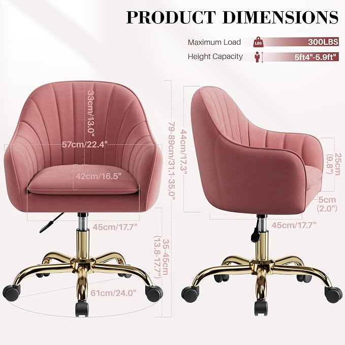 Vanity Chair with Wheels, Comfy Home Office Desk Chairs Adjustable Modern Velvet Makeup Vanity Chairs for Bedroom Living Room-Dusty Rose