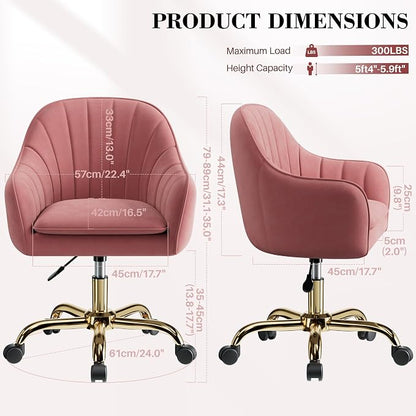 Vanity Chair with Wheels, Comfy Home Office Desk Chairs Adjustable Modern Velvet Makeup Vanity Chairs for Bedroom Living Room-Dusty Rose