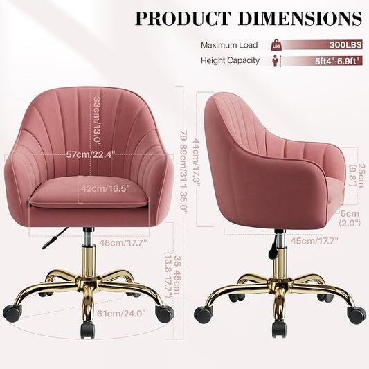 Vanity Chair with Wheels, Comfy Home Office Desk Chairs Adjustable Modern Velvet Makeup Vanity Chairs for Bedroom Living Room-Dusty Rose