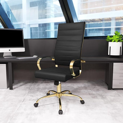 LeisureMod Modern High-Back Leather Office Chair - Swivel & Adjustable Executive Desk Chair with Gold Frame, Ergonomic Design for Home & Office (Black, Single)