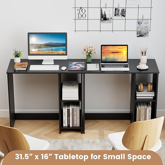Giantex Small Desk with Storage, 31.5 Inch Home Office Computer Desk with Shelves, Space Saving Study Writing Desk, Modern Simple Laptop Desk for Small Spaces (Black)