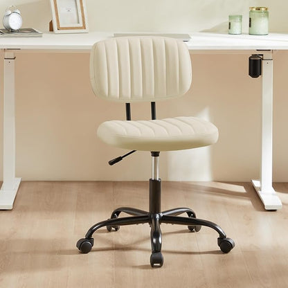 Sweetcrispy Small Office Desk Chair, Armless PU Leather with Comfy Lumbar Support, Height Adjustable Rolling Swivel Task for No Arms, for Adult, Student, Bedroom, Home, Vanity, Beige White