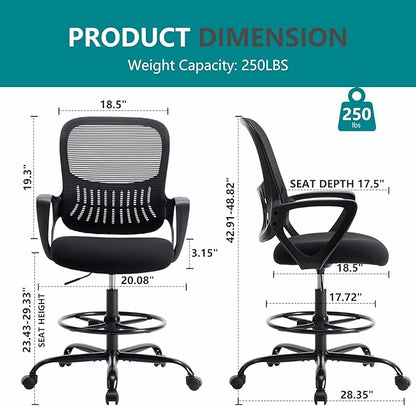 DUMOS Drafting Chair - Counter Height Adjustable Tall Office Desk Chair with Fixed Armrests and Comfortable Lumbar Support for Standing Desk, for Bedroom Livingroom, Black