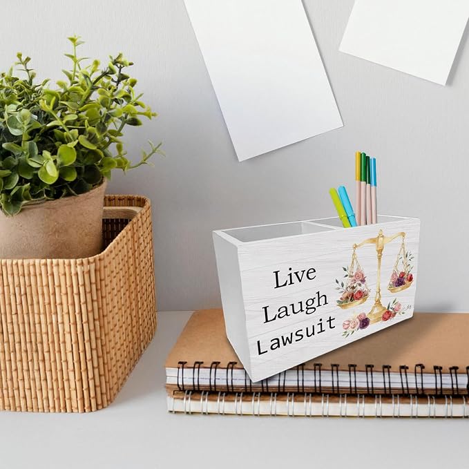 Funny Lawyer Gifts Pen Holder for Desk, Live Laugh Lawsuit Justice Scale Wooden Box Sign Desk Decor for Law School Office Decoration, Attorney Gifts for Women Pencil Organizer