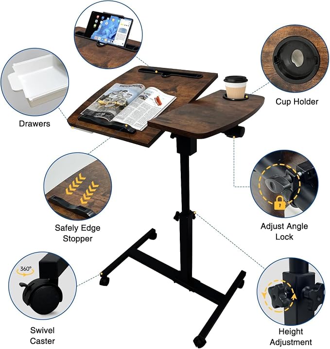 Medical Adjustable Overbed Bedside Table with 2 Tilting Desktops Teacher Podium Laptop Computer Cart Mobile Laptop Desk with Cup Holde,Drawer,Wheels for Office, Home and Classroom (Brown)