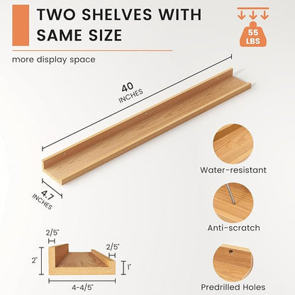 FLYJOE Picture Ledge Shelf, Floating Shelves Set of 2, 40 Inches Nursery Book Shelves for Toys Storage, Kids Bookshelf Wall Mounted for Living Room Bedroom Decor Books Photo Frames, Natural Oak