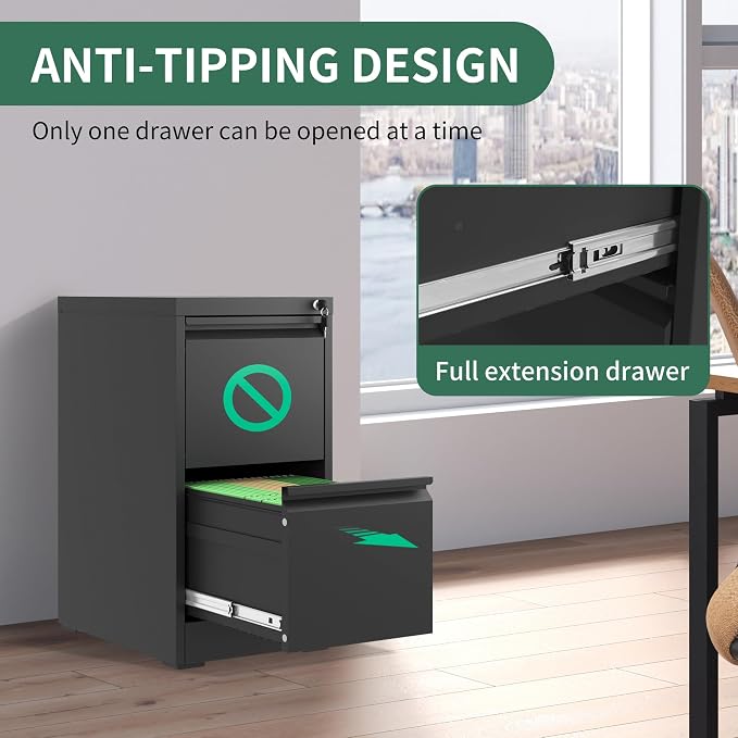 2 Drawers File Cabinet, Vertical File Cabinets with Lock for Home Office,Heavy Duty Office Steel Filing Cabinet for Hanging Letters/Legal/A4, Assembly Required,Black