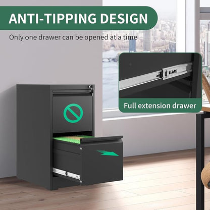 2 Drawers File Cabinet, Vertical File Cabinets with Lock for Home Office,Heavy Duty Office Steel Filing Cabinet for Hanging Letters/Legal/A4, Assembly Required,Black