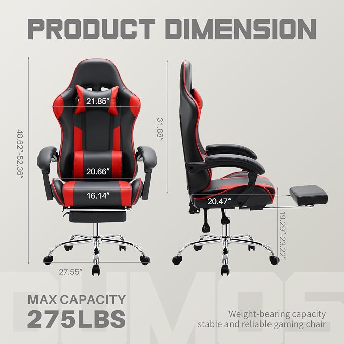 DUMOS Ergonomic Gaming Office Desk Chair with Footrest and Headrest for Adults, PU Leather Video Computer Chair with Linkage Armrests, Height Adjustable 360° Swivel Recling, Black Red