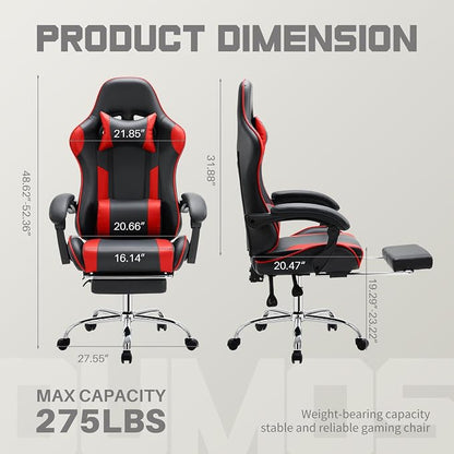 DUMOS Ergonomic Gaming Office Desk Chair with Footrest and Headrest for Adults, PU Leather Video Computer Chair with Linkage Armrests, Height Adjustable 360° Swivel Recling, Black Red