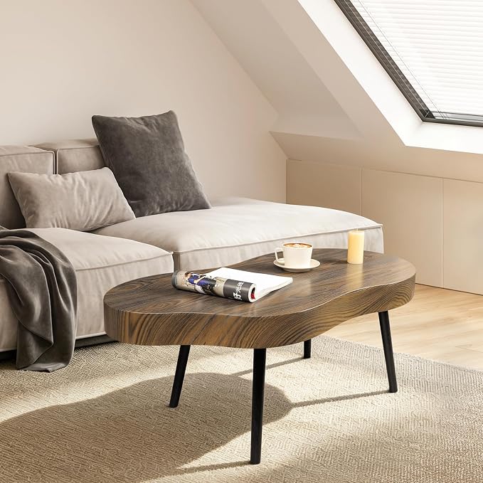 Small Irregular Coffee Table Thick Top Cloud Table for Living Room Modern Industrial Coffee Table Wooden Funky Coffee Tables for Small Space Home Office Easy Assembly Rustic Brown