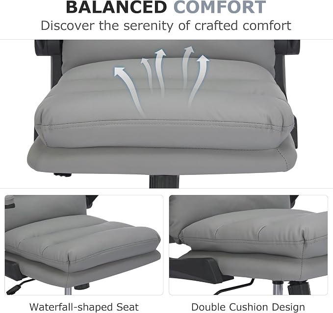 VECELO Ergonomic Swivel Office Desk Chair with Flip-up Armrest and Adjustable Height, Lumbar Support & PU Leather Thickened Cushion, for Computer Task Work, Gray