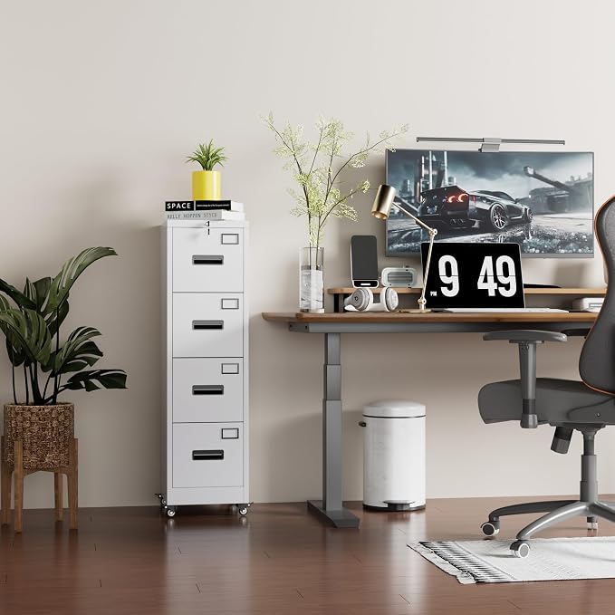 Garvee 4-Drawer White Metal File Cabinet with Individual Locks, Heavy-Duty Steel Vertical Filing Cabinet for A4, Letter & Legal Size Documents, Locking Storage Cabinet for Home Office & School