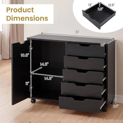 Giantex 5-Drawer File Cabinet with Wheels, Wooden Rolling Lateral Filing Cabinet with Door and Adjustable Shelf, Chest of Drawers, Mobile Printer Stand Organizer for Home Office (Black)