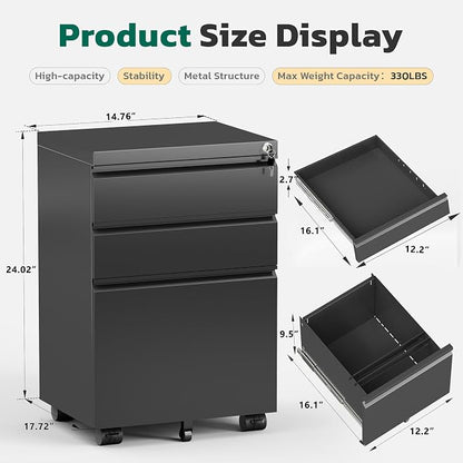 Greenvelly 3 Drawer Mobile File Cabinet with Lock, Fully Assembled Rolling File Cabinet Except Casters, Under Desk File Cabinet with Wheels for Home Office Fit Legal/Letter/A4 File (Assembled, Black)