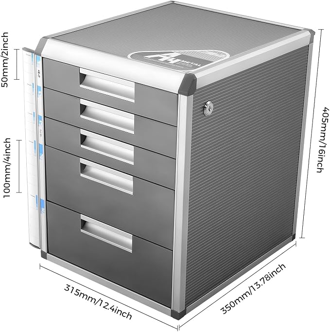 5 Drawer File Sorters,Desktop Drawer Organizer,A4 Aluminium Alloy Document Storage Box,Office Papers Organizer,File Cabinet with Labels,Grey