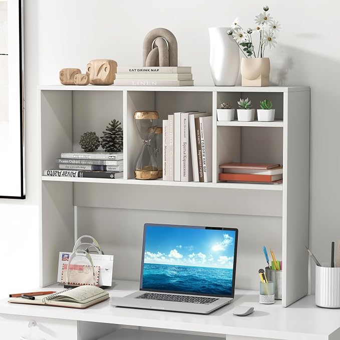 GOFLAME 4 Cubes Desktop Bookshelf, 37” Tabletop Wood Desk Shelf for Computer Monitor, Modern Countertop Desk Display Hutch Storage Organizer Shelf for Home Office, Dorm, Study, White