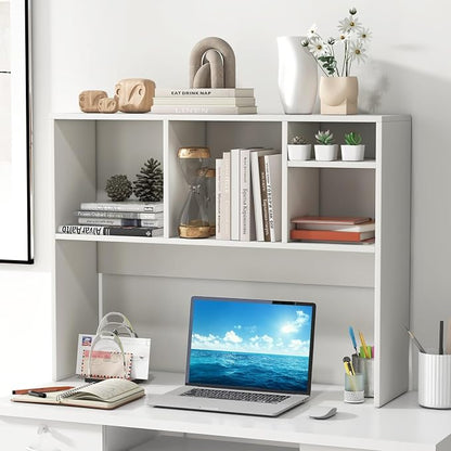 GOFLAME 4 Cubes Desktop Bookshelf, 37” Tabletop Wood Desk Shelf for Computer Monitor, Modern Countertop Desk Display Hutch Storage Organizer Shelf for Home Office, Dorm, Study, White