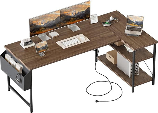 Mericonia Small L Shaped Computer Desk with Power Outlets, Reversible Gaming Desk with Storage Shelves, Corner Gamer Desk Table, Study Writing Table