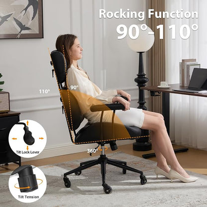 E-Motie Ergonomic Leather Office Chair, Computer Desk Chair, Black | Adjustable Headrest, 360° Swivel & Rolling Wheels, Lumbar Support, Padded Arms, High Back, for Long Hours Sitting