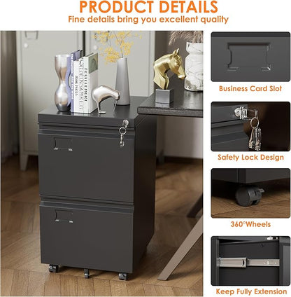 METAN 2 Drawer File Cabinet with Lock, Mobile Rolling Filing Cabinet for Home Office, Under Desk Metal File Cabinet for Letter/Legal/A4 Size with Name Card Slots, Black, Assembly Required