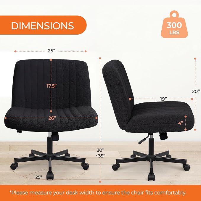 Orange Factory Criss Cross Chair Wheels Vanity Chair Office Desk Comfy Wide Cross Legged Armless Teddy Fabric Adjustable Swivel for Home Computer Task (Black, Teddy Fleece)