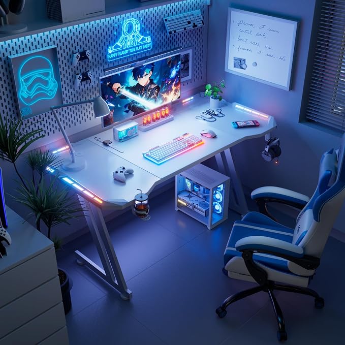 HLDIRECT 47 Inch Gaming Desk with LED Lights Carbon Fibre Surface Gaming Table Large Computer Desk Ergonomic Home Office Desks Z Shaped PC Gamer Workstations with Cup Holder & Headphone Hook White