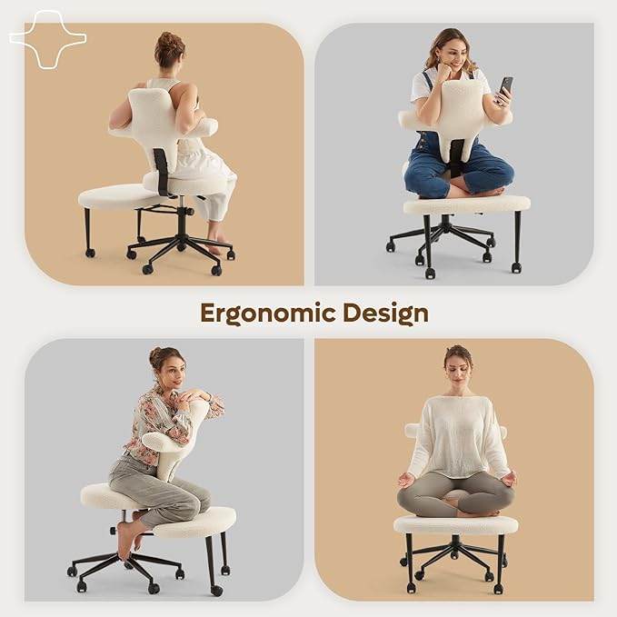 Pinmoco Ergonomic Cross Legged Office Chair Extra Wide for ADHD and Meditation, Kneeling Chair with 360° Swivel Wheels and Reversible Seating, Adjustable Height and Seat Depth, Teddy Fabric, White