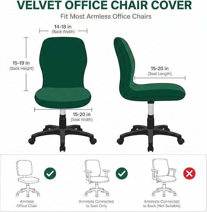Deisy Dee Velvet Stretch Armless Office Chair Covers - Colorful Stretch Slipcover for Desk Chairs (Kelly)