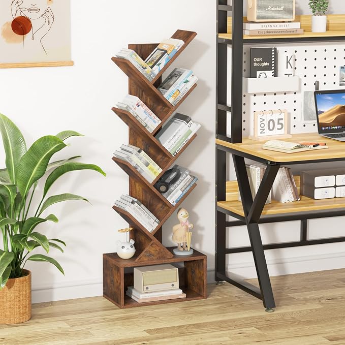 SHEEPAM 9 Tier Tree Bookshelf,Christmas Green Bookcase for Narrow Space, Storage Organizer Floor Standing Bookshelves for Books, Tall Book Case for Home Office, Living Room, Bedroom