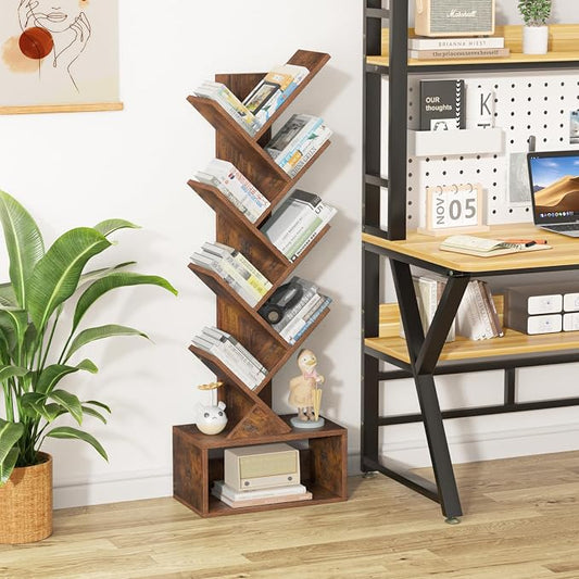 SHEEPAM 9 Tier Tree Bookshelf,Christmas Green Bookcase for Narrow Space, Storage Organizer Floor Standing Bookshelves for Books, Tall Book Case for Home Office, Living Room, Bedroom