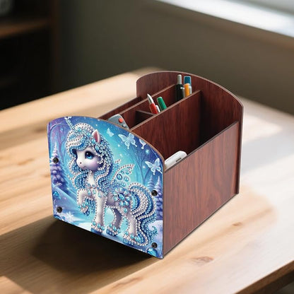 Diamond Painting Wooden Desk Organizer, DIY Diamond Art Storage Box, Crystal Rhinestones Art Kit for Desktop Ornament, Jewelry Box & Pen Holder with Winter Blue Fantasy Design