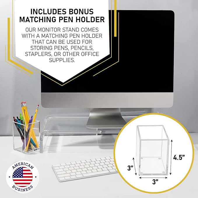 Dasher Products Acrylic Laptop Stand with Matching Pen Holder, Contemporary Design, Ergonomic Viewing Position, Raises Monitor 3 inches, 12mm Thick Clear Acrylic, No More Clutter