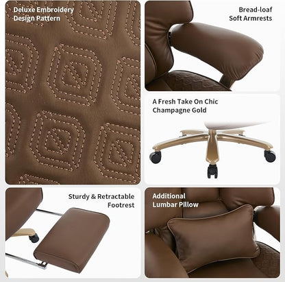 EXCEBET Big and Tall Executive Office Chair with Footrest, 400LBS Capacity Ergonomic High-Back Desk Office Chair with Lumbar Support, Padded Armrests & Thick Cushion, Brown PU Leather Chairs