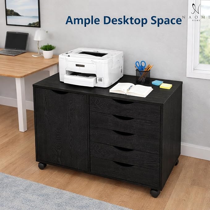 Naomi Home Under Desk Rolling Office File Cabinet with 5 Drawers & Side Storage Cabinet, Mobile Organizer with Shelves & Swivel Casters for Home Office - Distressed Black