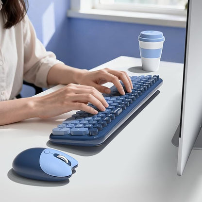 Wireless Keyboard and Mouse Combo, MOWUX Compact Typewriter Retro Round Computer Keyboard, Cute Optical Mouse Wireless, Plug and Play, for Laptop, PC, Computer- Sea Blue Gradient