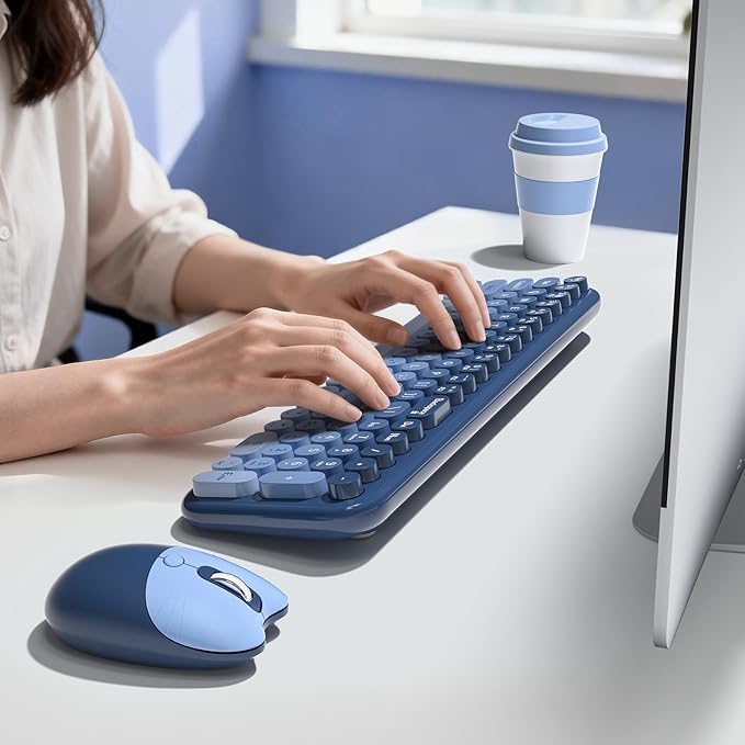 Wireless Keyboard and Mouse Combo, Typewriter Keyboard with Compact Size, Cute Cat Shaped Mouse, USB Plug and Play for Windows, Computer, PC, Laptop, Desktop (Blue Gradient)