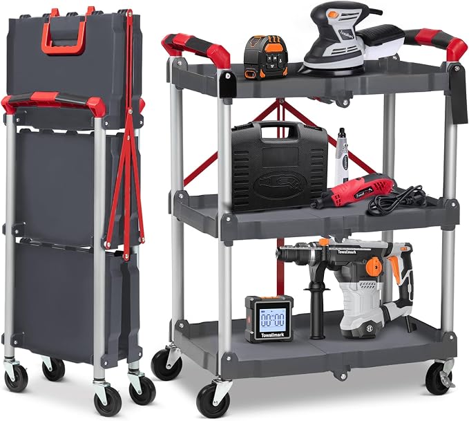 PioneerWorks Folding Utility Service Cart, Collapsible Cart with Wheels, 3 Tier Rolling Utility Cart, Folding Cart with Wheels Collapsible, Service Cart for Tool, Grocery, Bar, Kitchen, Office