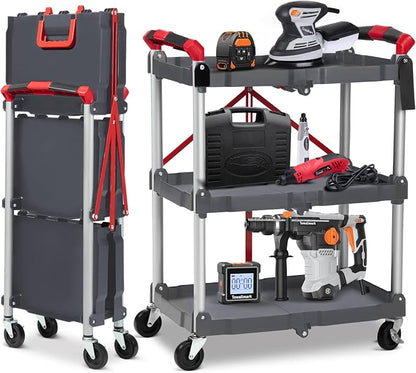 PioneerWorks Folding Utility Service Cart, Collapsible Cart with Wheels, 3 Tier Rolling Utility Cart, Folding Cart with Wheels Collapsible, Service Cart for Tool, Grocery, Bar, Kitchen, Office