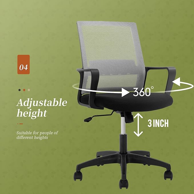 Office Chair Ergonomic Chair Mid Back Mesh Desk Chair Adjustable Height Swivel Mesh Chair Computer Chair with Armrest Lumbar Support (Grey)