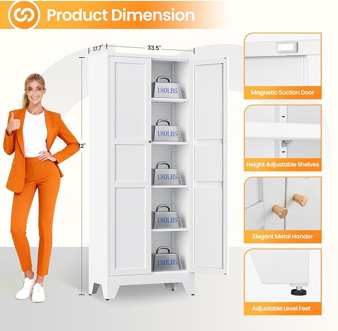 72" Tall Kitchen Cabinet Storage Unit With 2 Doors and 4 Adjustable Shelve, Metal White Freestanding Cupboard, 5 Tier Kitchen Pantry Storage Cabinet for Kitchen Dining/Living Room/Garage/Home/Office
