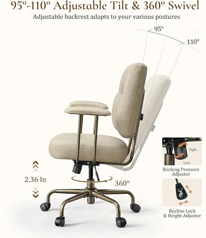 EUREKA ERGONOMIC Becky Home Office Desk Chairs Leather, Comfy Office Chair with Lumbar Support and Arms, Mid-Back, Comfortable Thick Cushion, Mid-Century Modern, Height Adjustable, Off-White