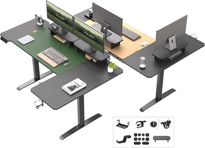 JWX L Shaped Standing Desk 63"x43", Dual Motor Height Adjustable Desk with Reversible Corner Setup, Curved Desktop, Upper Shelf, Cable Tray, Cup Holder, Headphone Hook, Matte Black